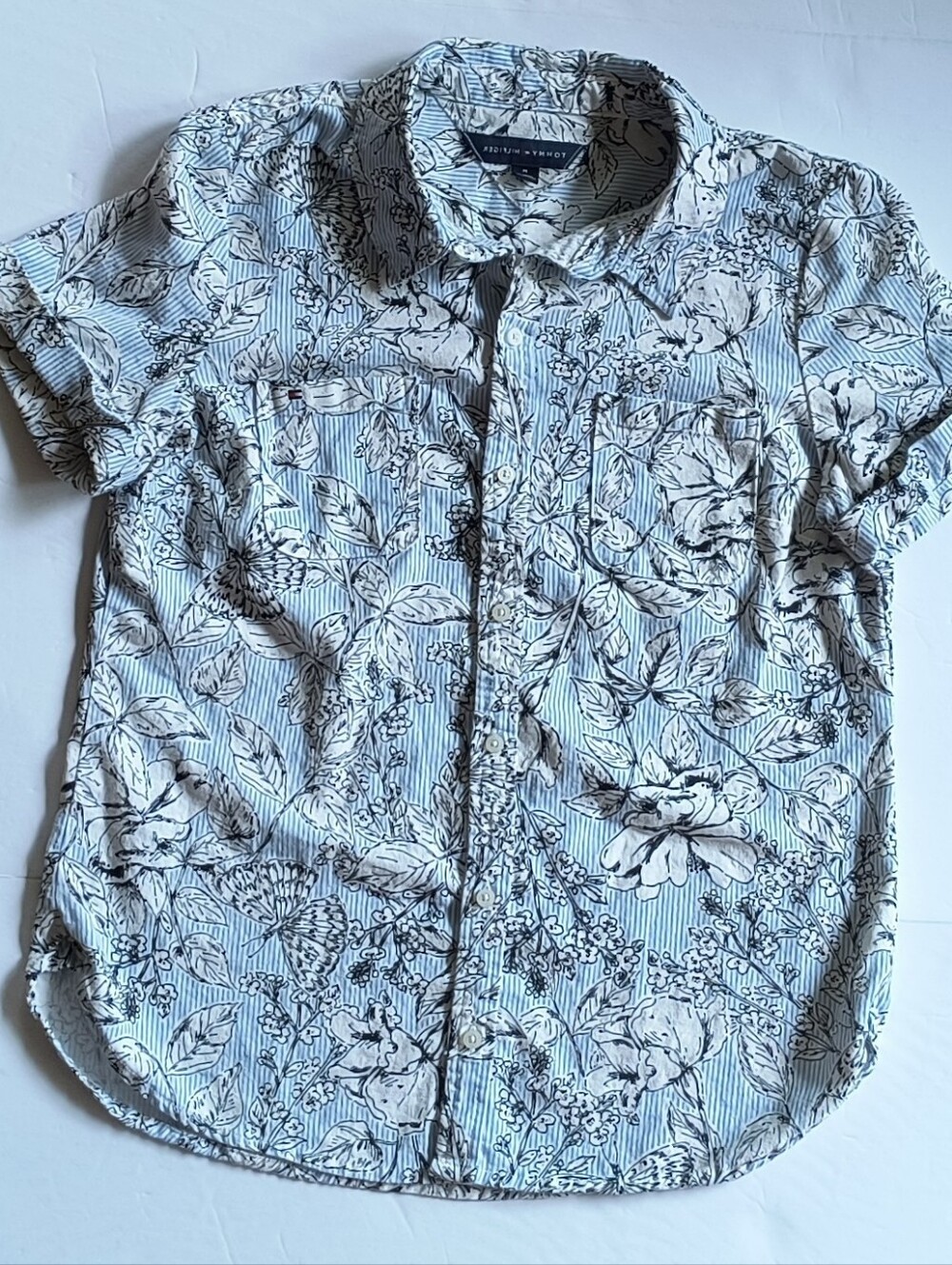 Tommy Hilfiger Button-Up Floral Shirt Light Blue and White, Linen/Viscose S-Med